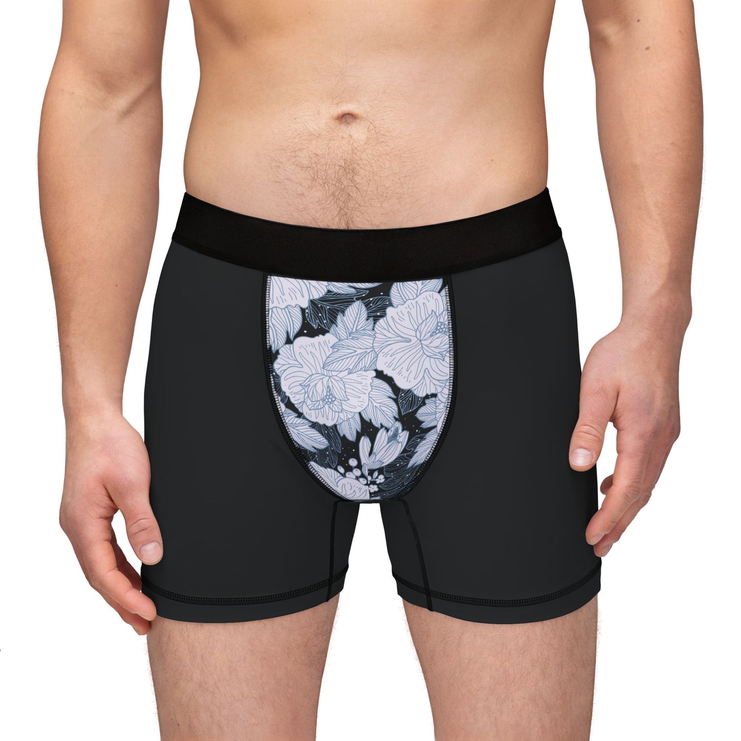 Men’s black boxer briefs with vibrant floral print, soft stretch cotton, stylish and comfortable underwear for everyday wear.