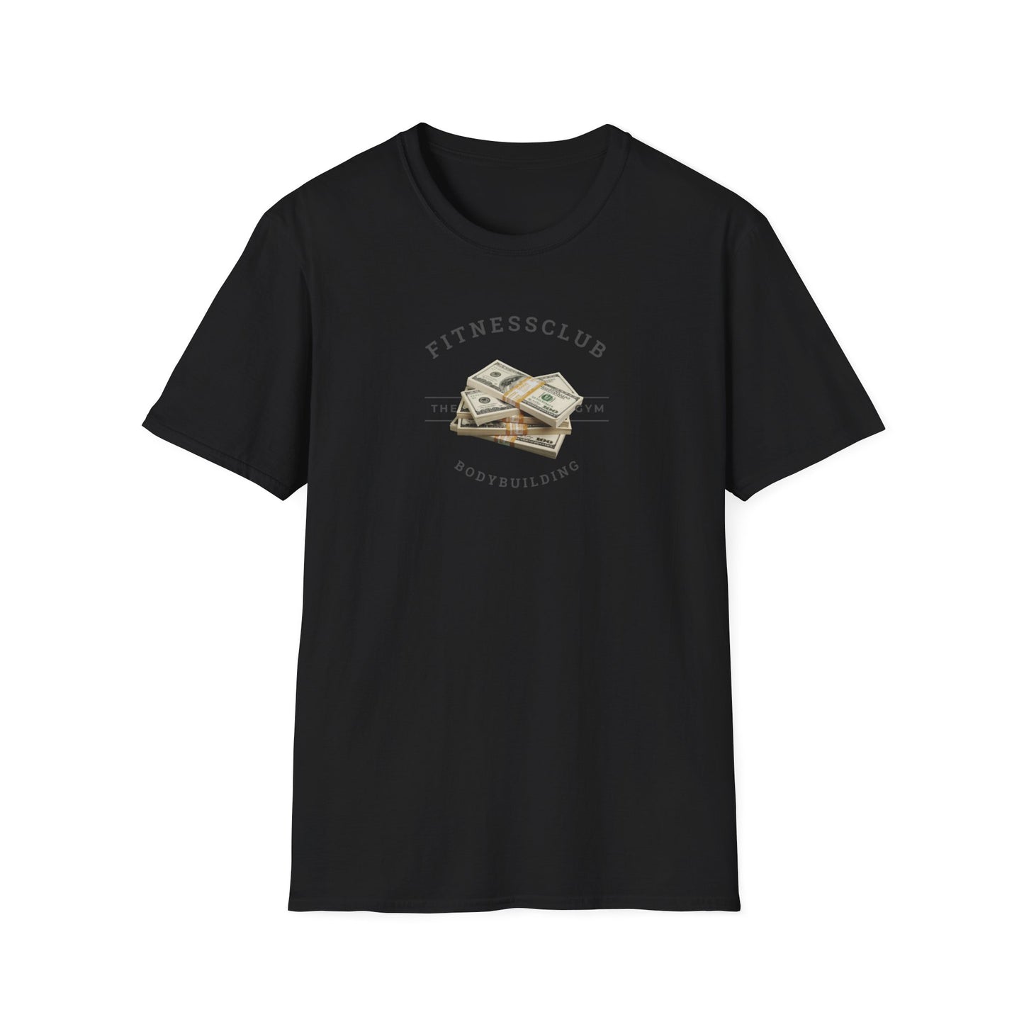 Men’s black cotton t-shirt with bold “Fitness Club Money” graphic, athletic fit, for gym or casual style.