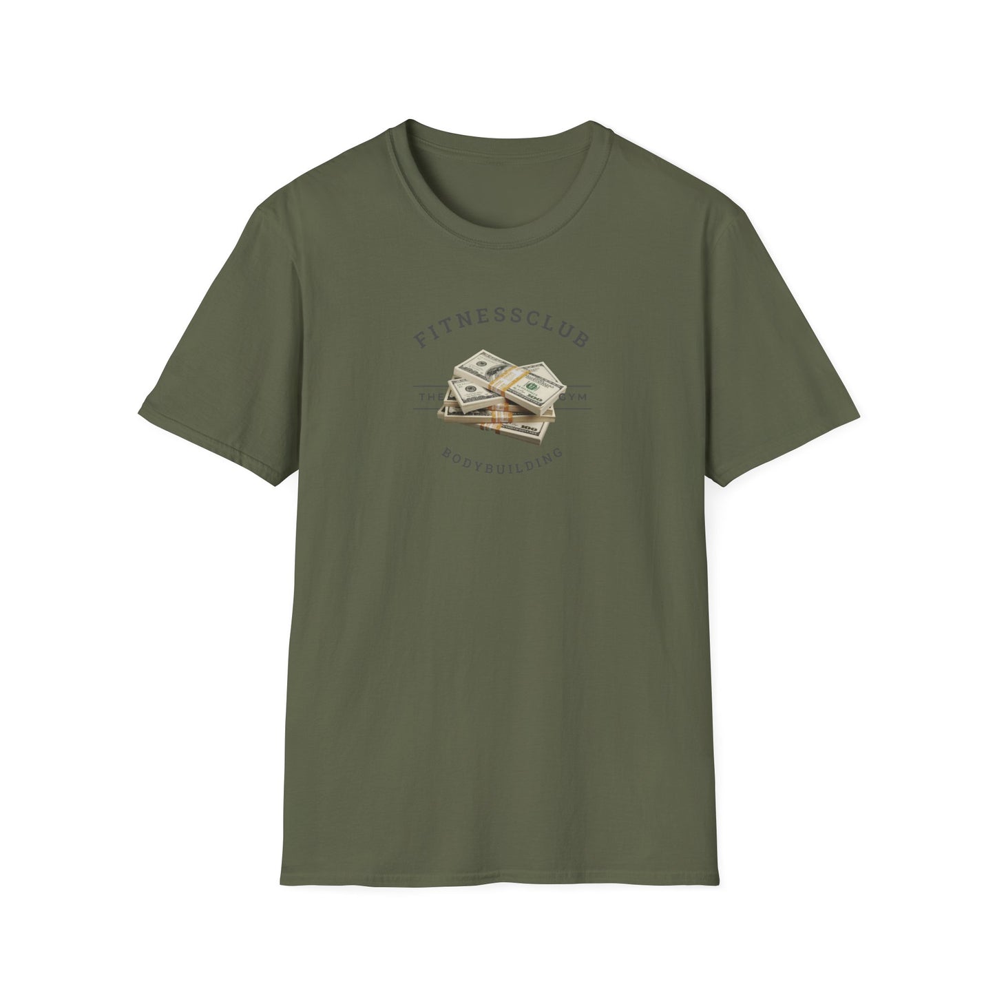Men’s green cotton t-shirt with bold “Fitness Club Money” graphic, athletic fit, for gym or casual style.
