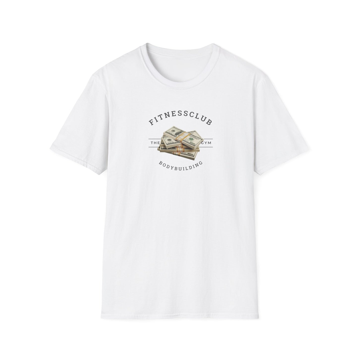 Men’s white cotton t-shirt with bold “Fitness Club Money” graphic, athletic fit, for gym or casual style.