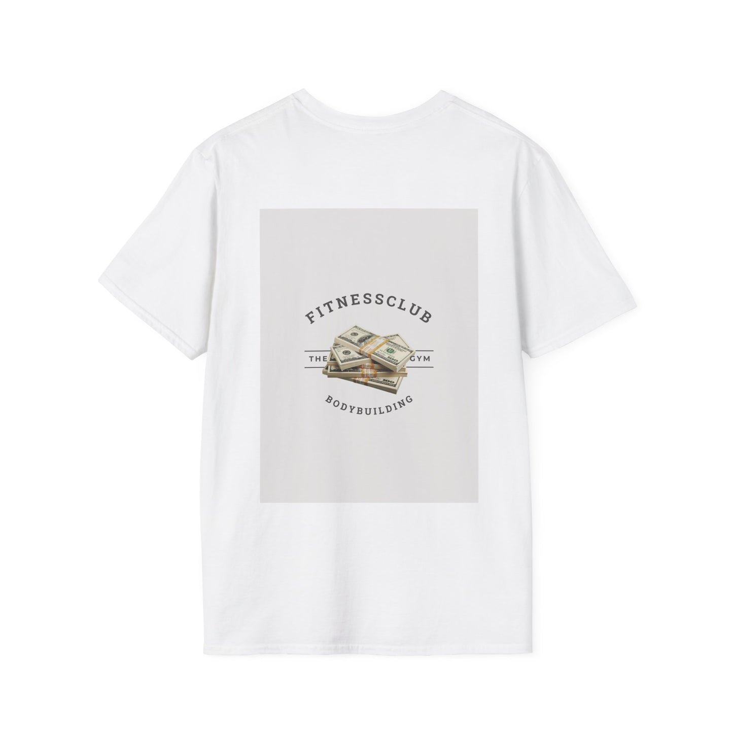 Men’s white cotton t-shirt with bold “Fitness Club Money” graphic, athletic fit, for gym or casual style.