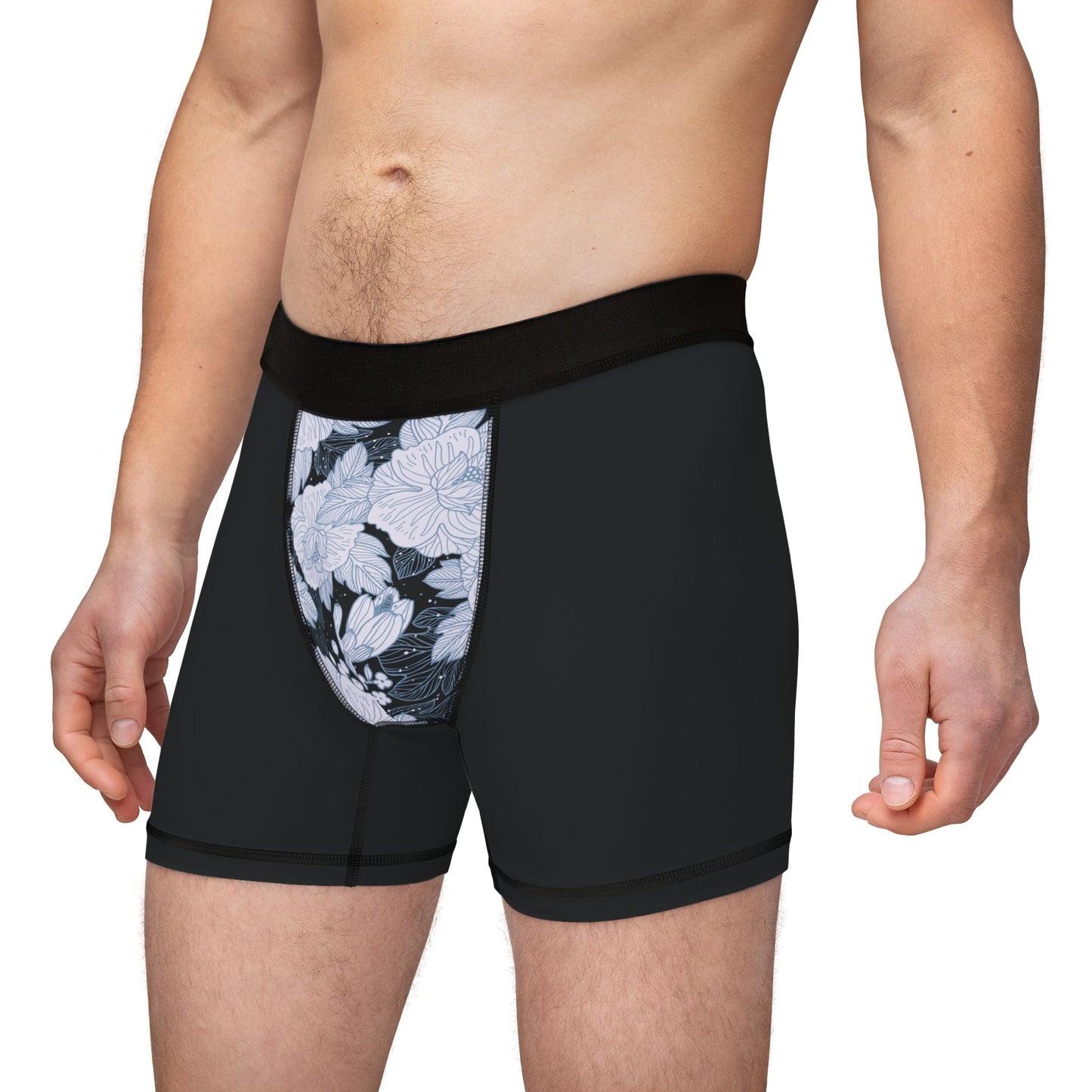 Men’s black boxer briefs with vibrant floral print, soft stretch cotton, stylish and comfortable underwear for everyday wear.