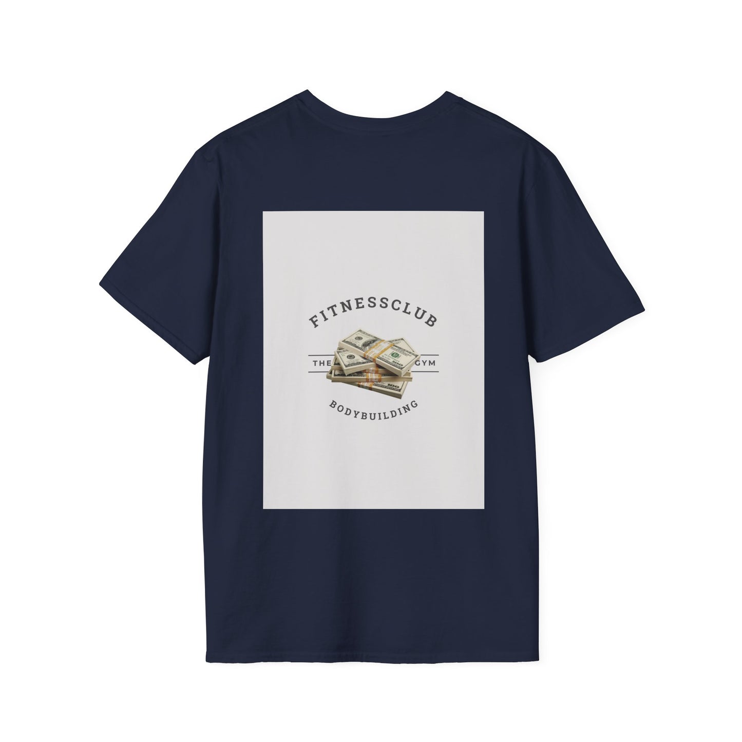 Men’s navy blue cotton t-shirt with bold “Fitness Club Money” graphic, athletic fit, for gym or casual style.