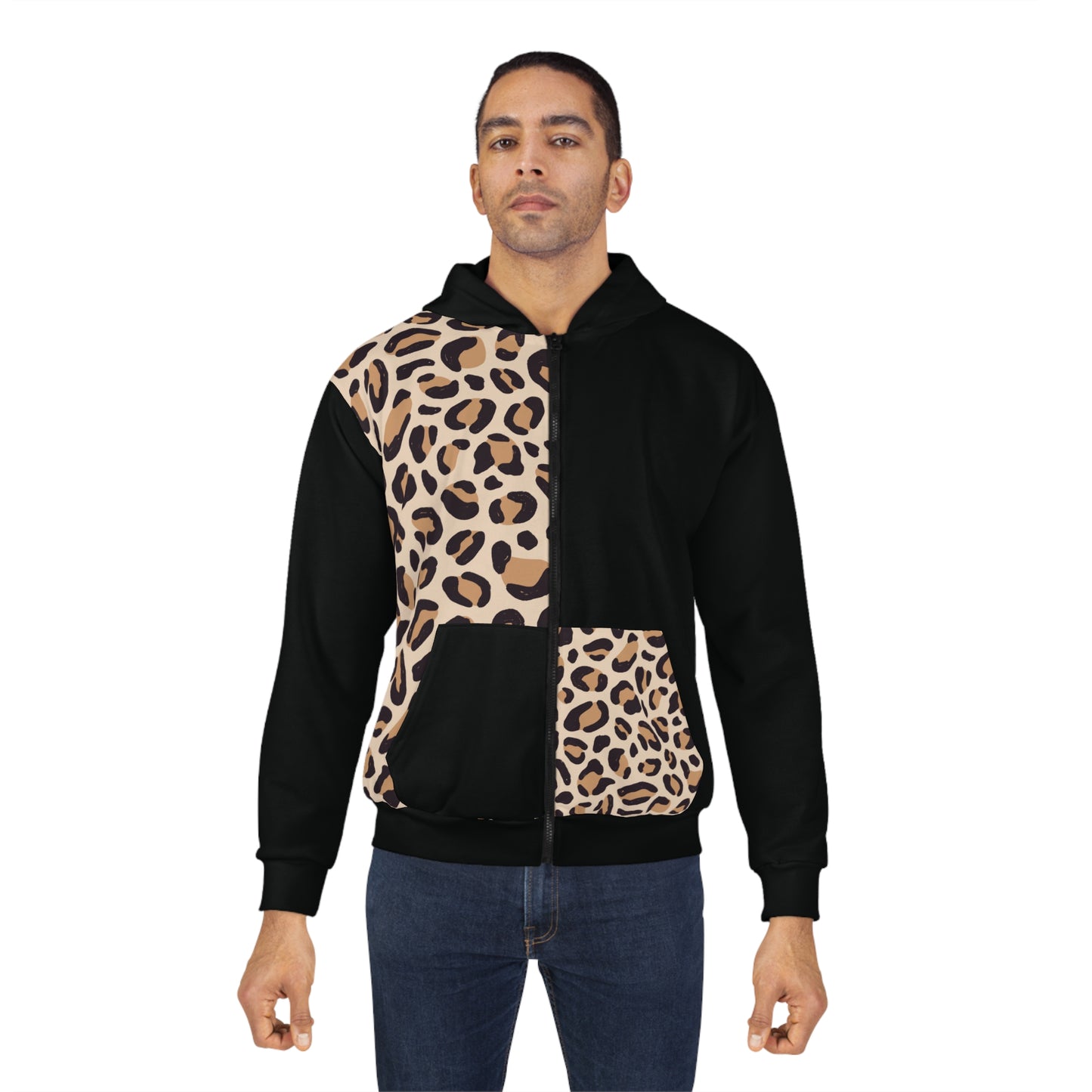 A men's hoodie with a black zipper and cheetah print panels on the front. It features a large hood and a front pocket