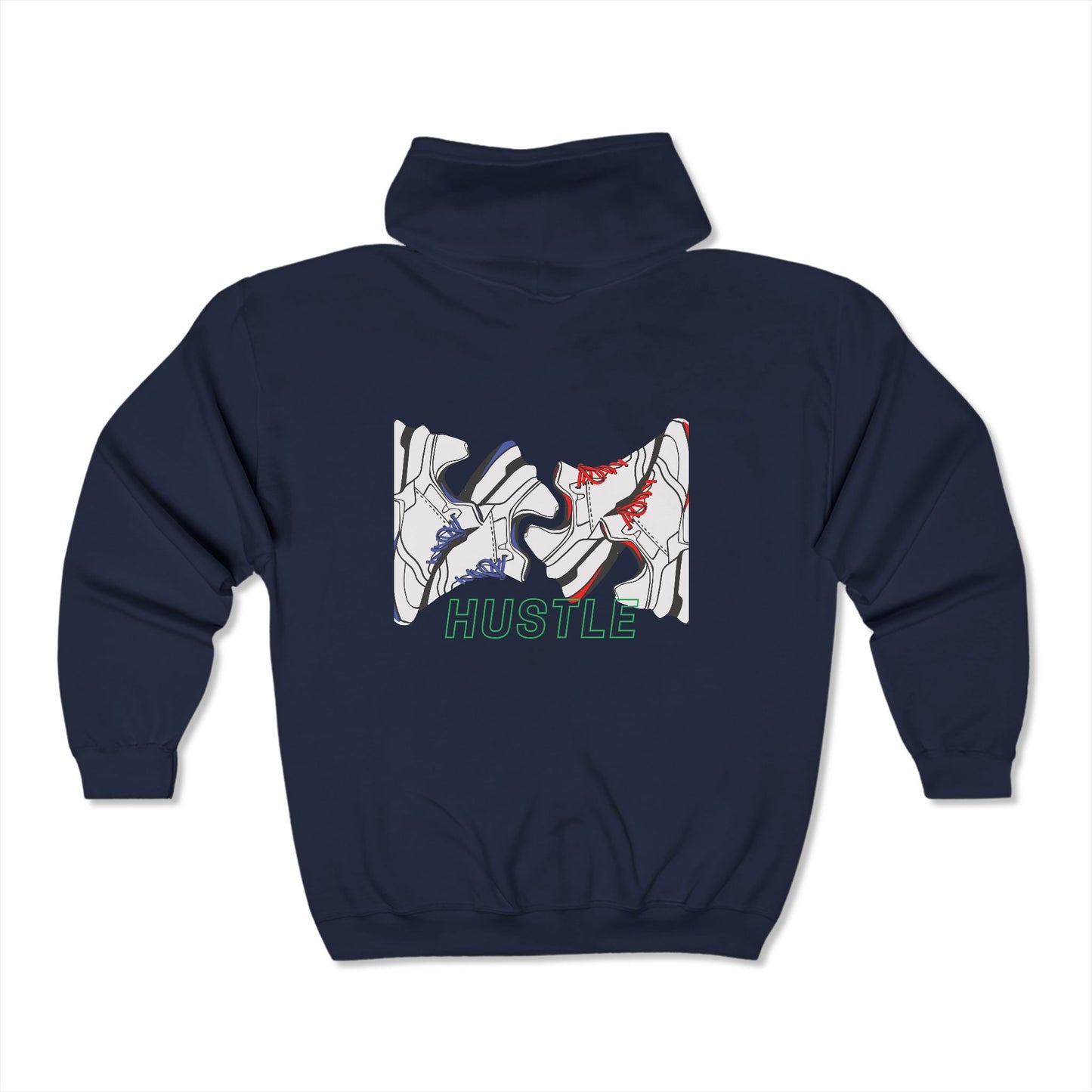 Men’s navy hoodie with “Sneaker Hustle” graphic, soft fleece streetwear sweatshirt with kangaroo pocket and adjustable hood, casual and gym wear.
