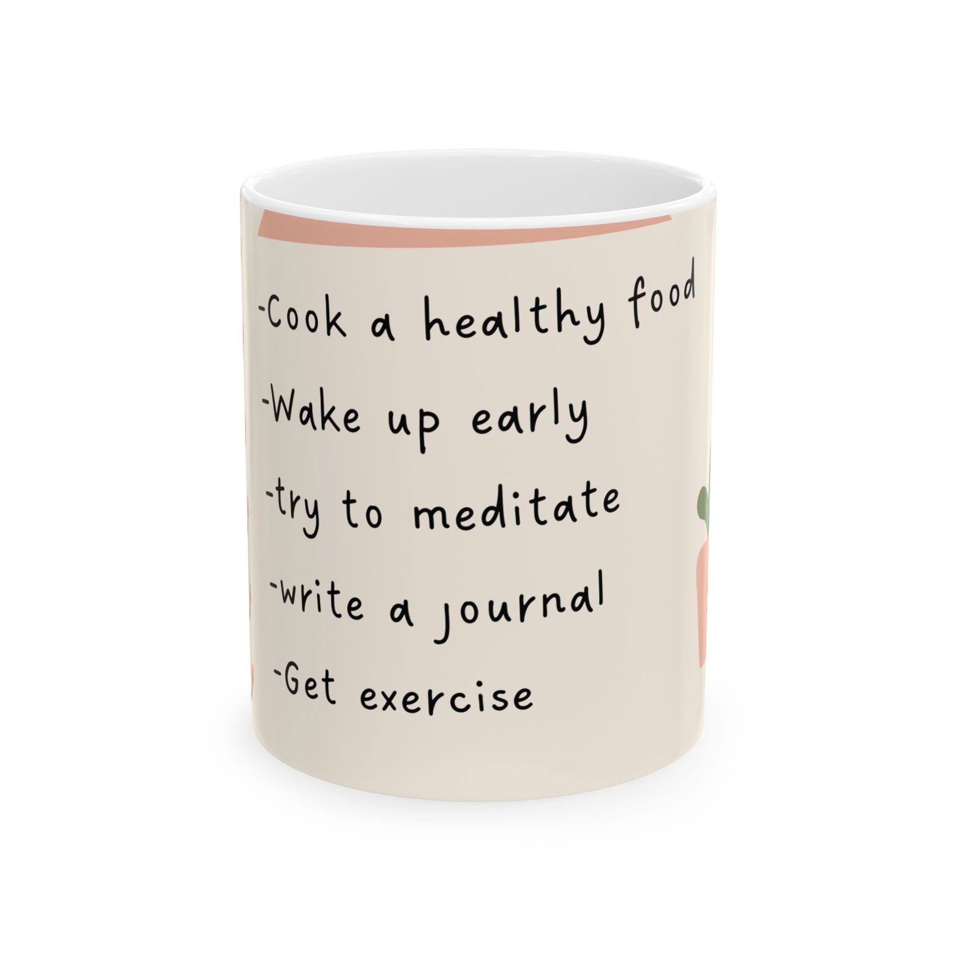 White ceramic coffee mug with peach illustrations and positive quote print – 11oz dishwasher safe kitchenware.