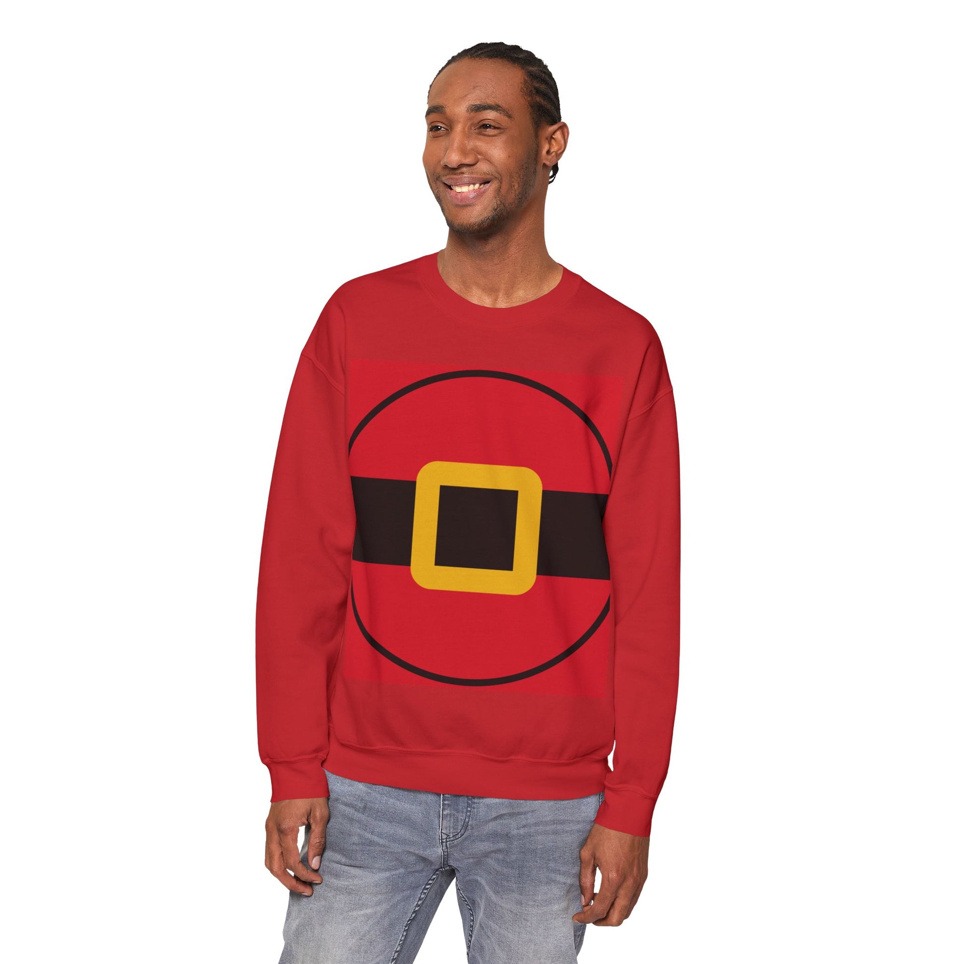 Unisex Christmas sweatshirt styled like Santa’s outfit, soft fleece pullover with festive holiday design for men and women.