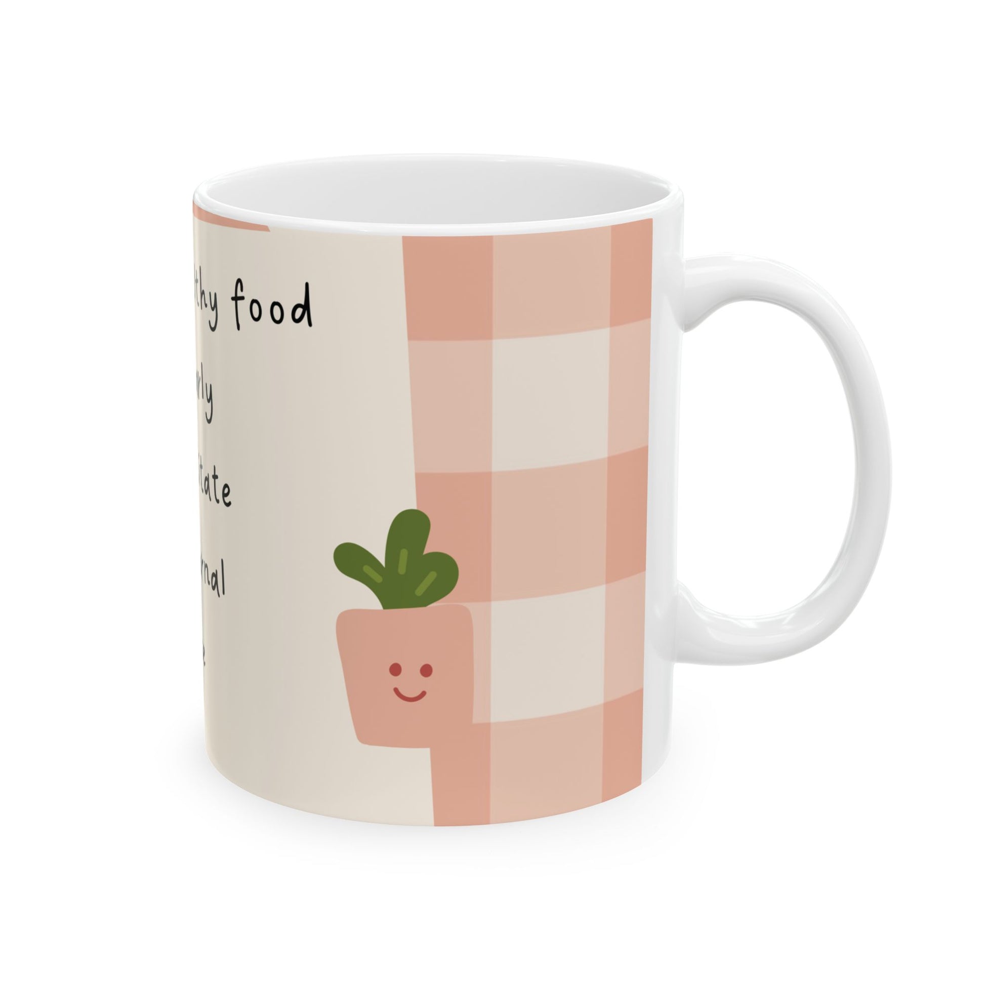 White ceramic coffee mug with peach illustrations and positive quote print – 11oz dishwasher safe kitchenware.
