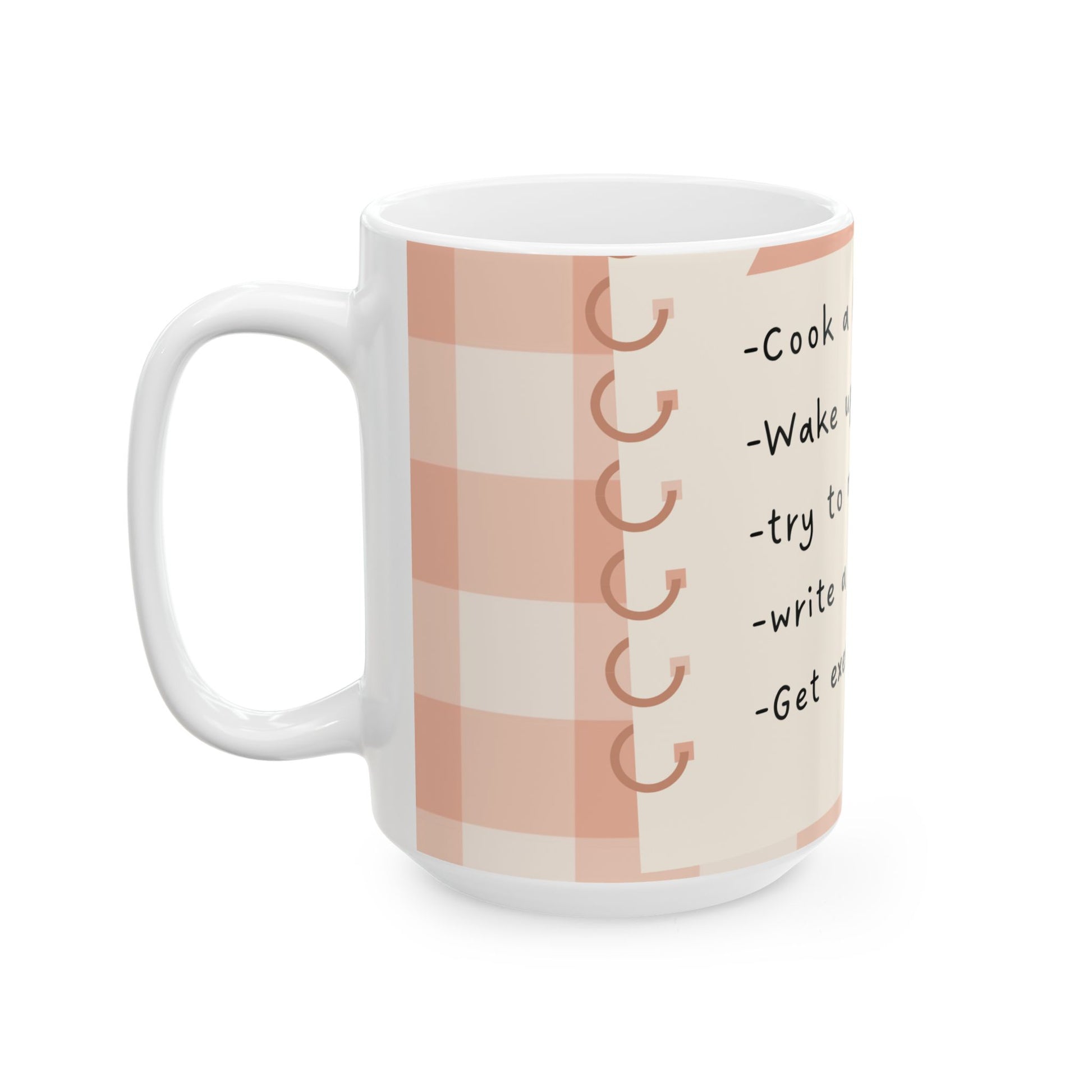 White ceramic coffee mug with peach illustrations and positive quote print – 
dishwasher safe kitchenware.