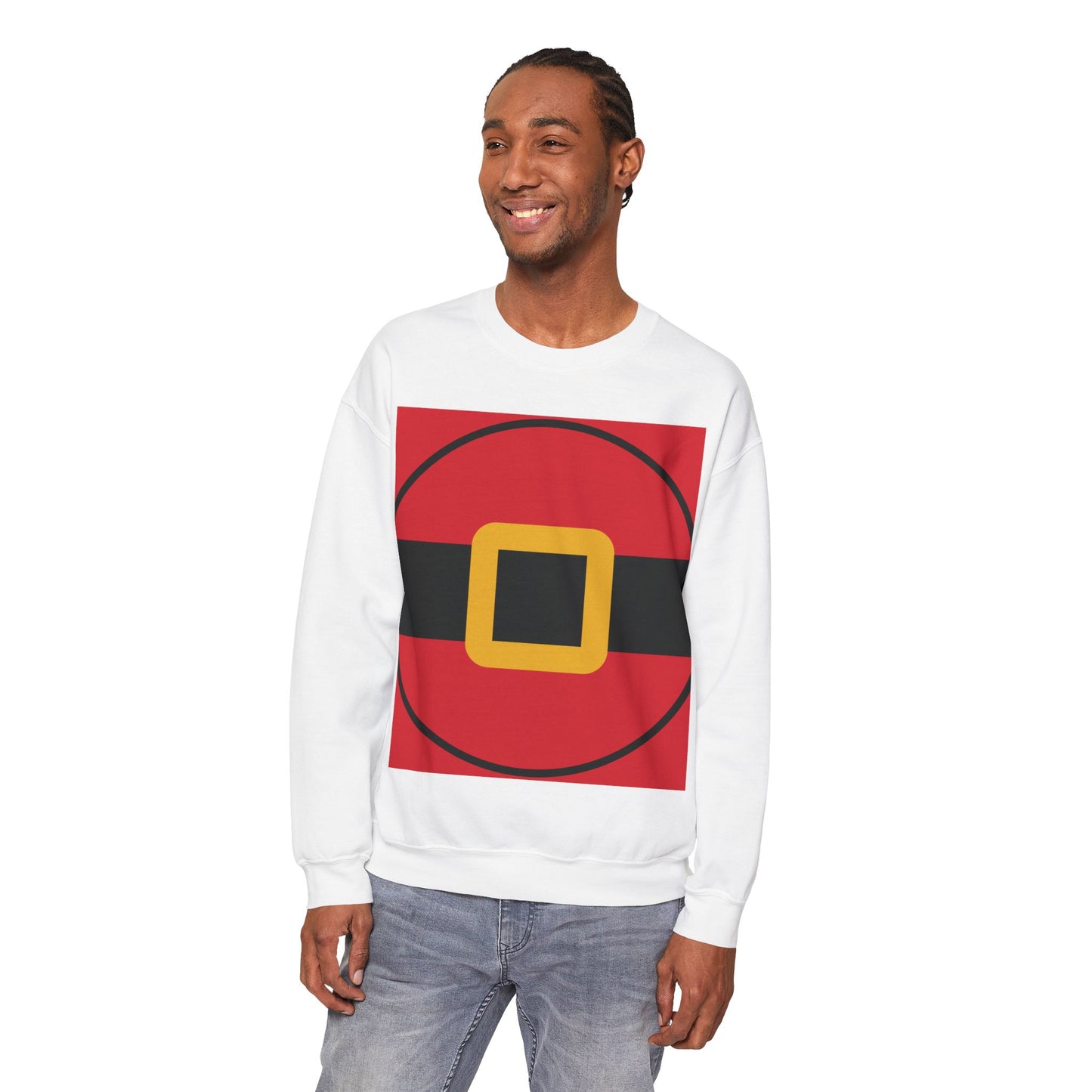 Unisex Christmas sweatshirt styled like Santa’s outfit, soft fleece pullover with festive holiday design for men and women.