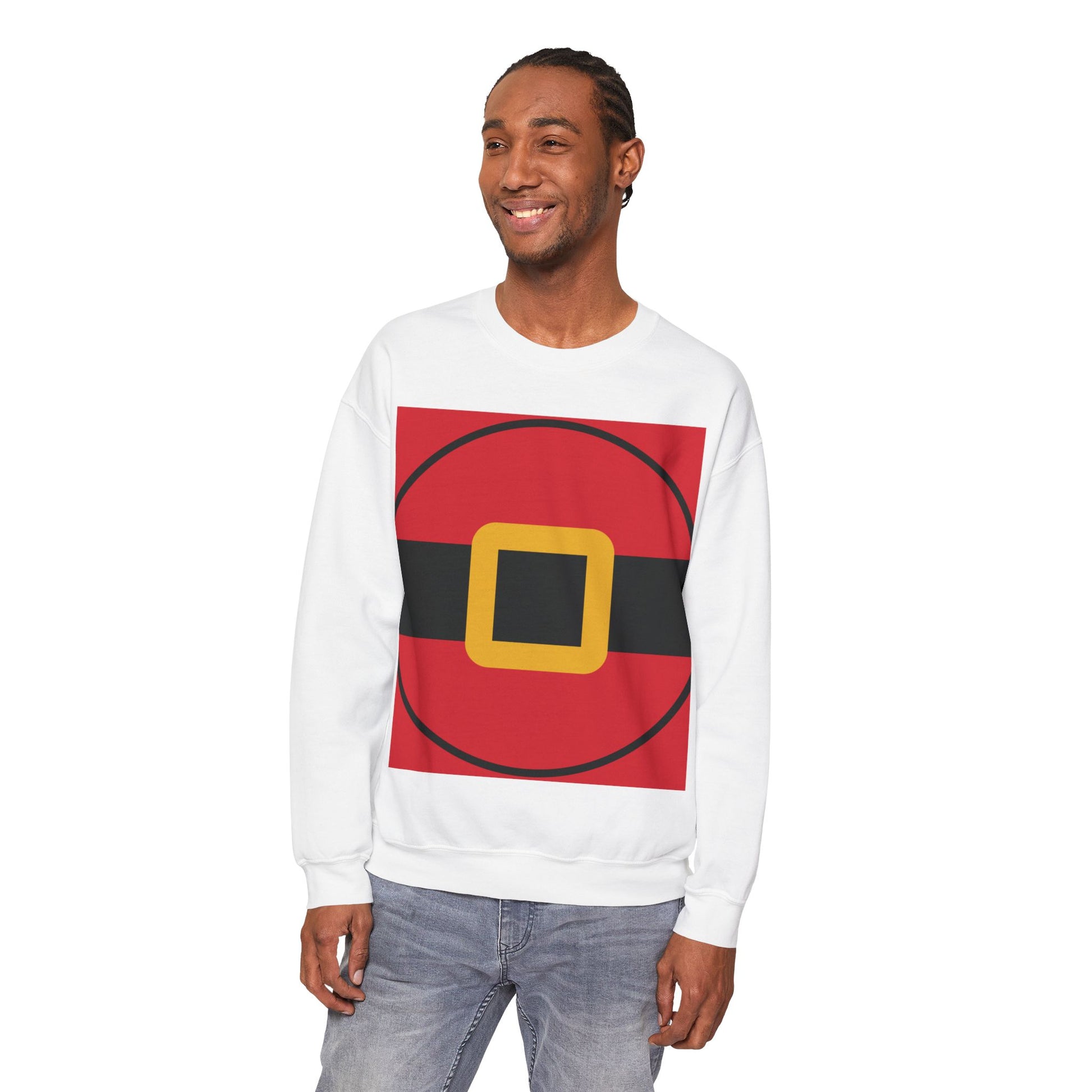 Unisex Christmas sweatshirt styled like Santa’s outfit, soft fleece pullover with festive holiday design for men and women.