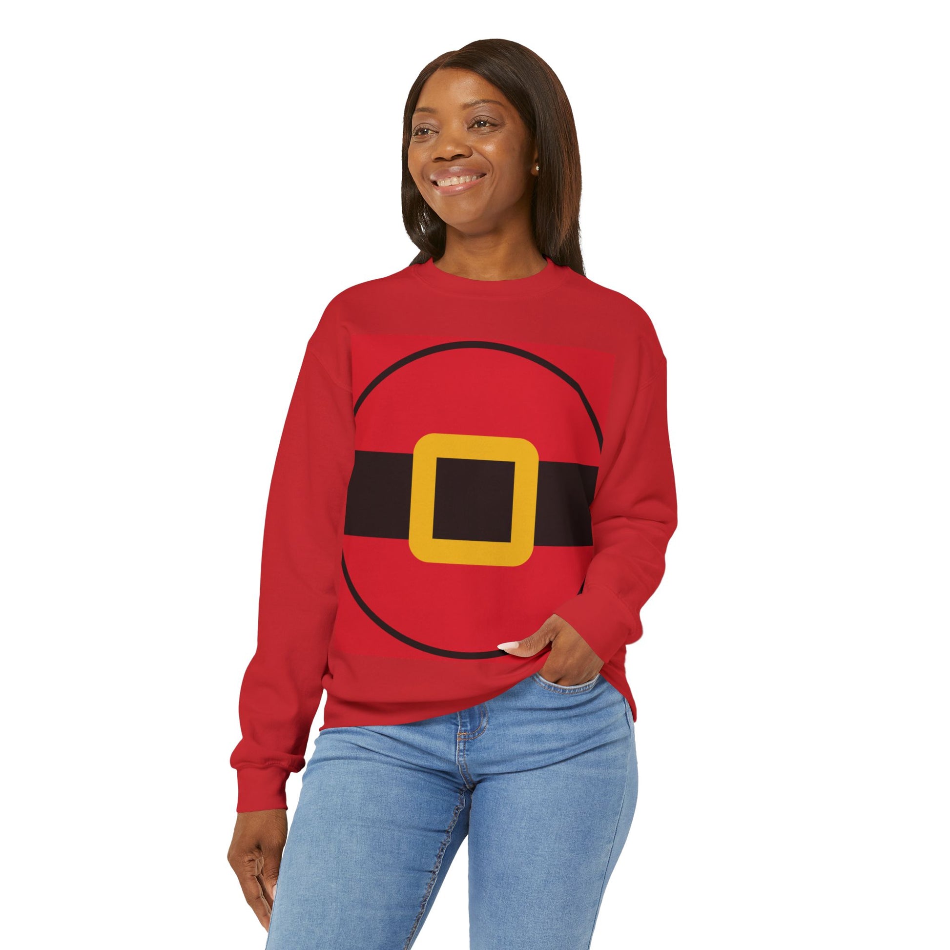 Unisex Christmas sweatshirt styled like Santa’s outfit, soft fleece pullover with festive holiday design for men and women.