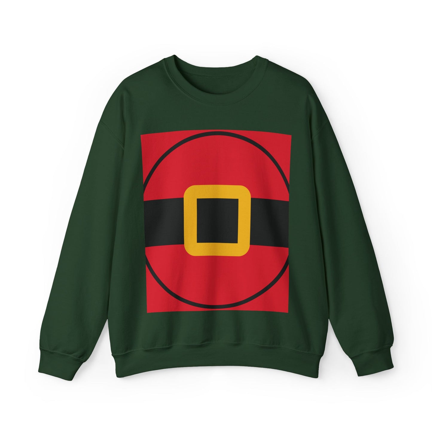 Unisex green red Christmas sweatshirt styled like Santa’s outfit, soft fleece pullover with festive holiday design for men and women.