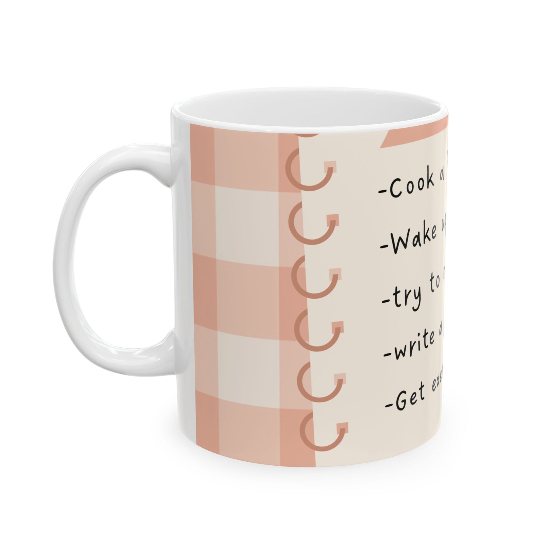 White ceramic coffee mug with peach illustrations and positive quote print –
dishwasher safe kitchenware.