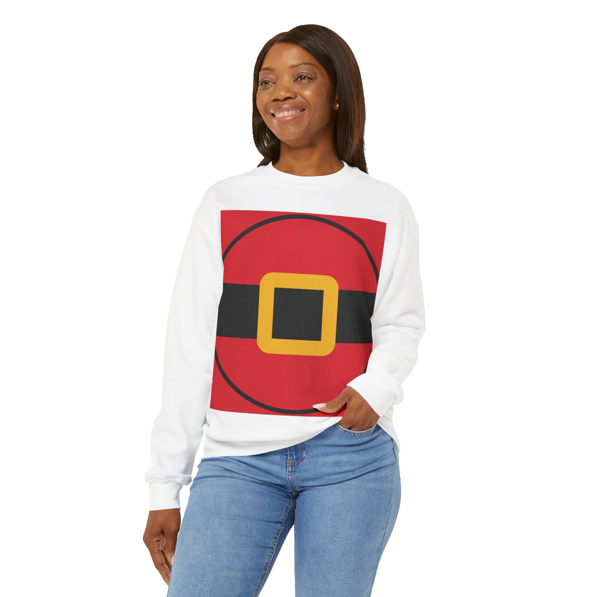 Unisex Christmas sweatshirt styled like Santa’s outfit, soft fleece pullover with festive holiday design for men and women.